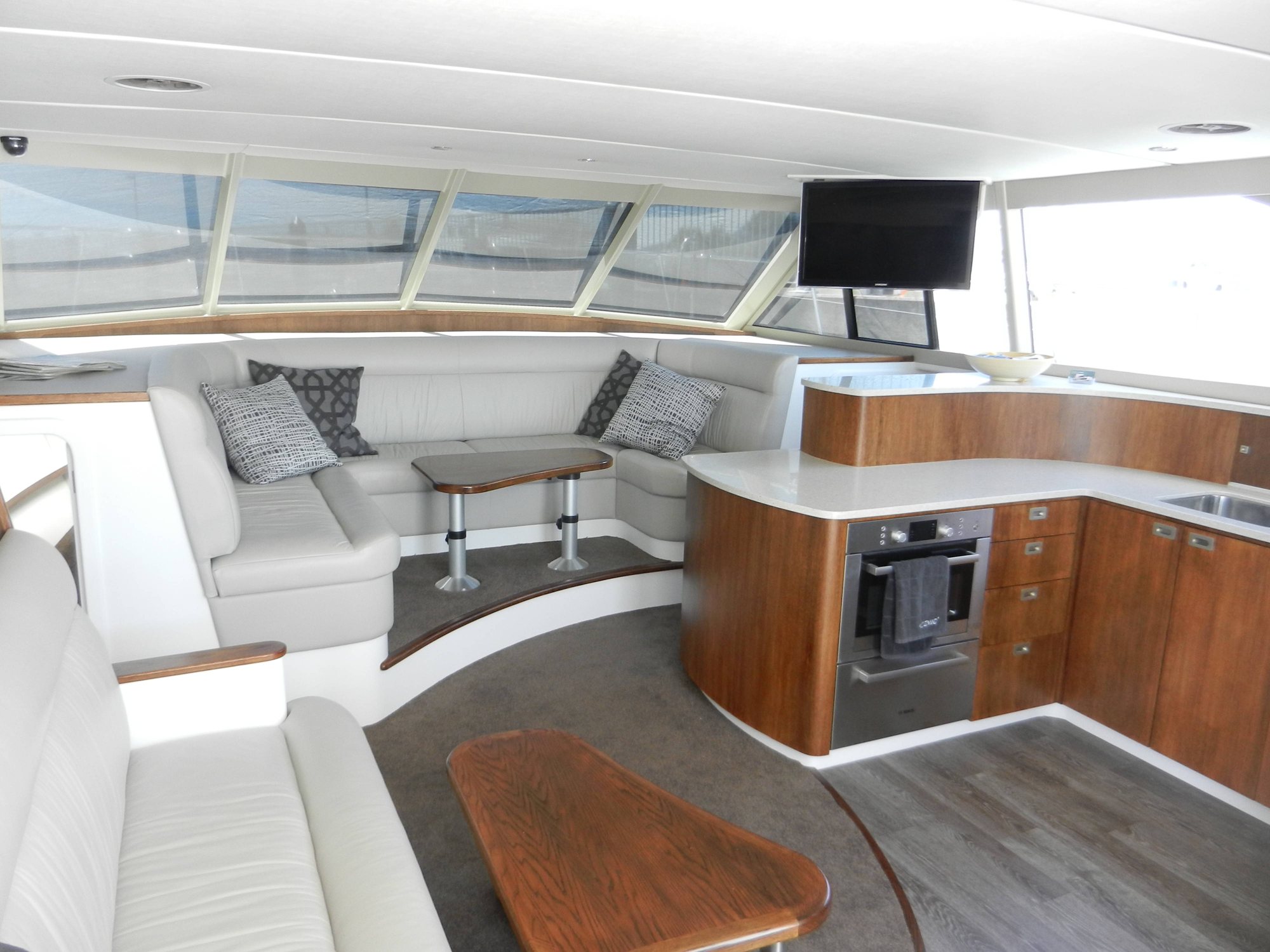 The spacious saloon and galley aboard Kozmic 5